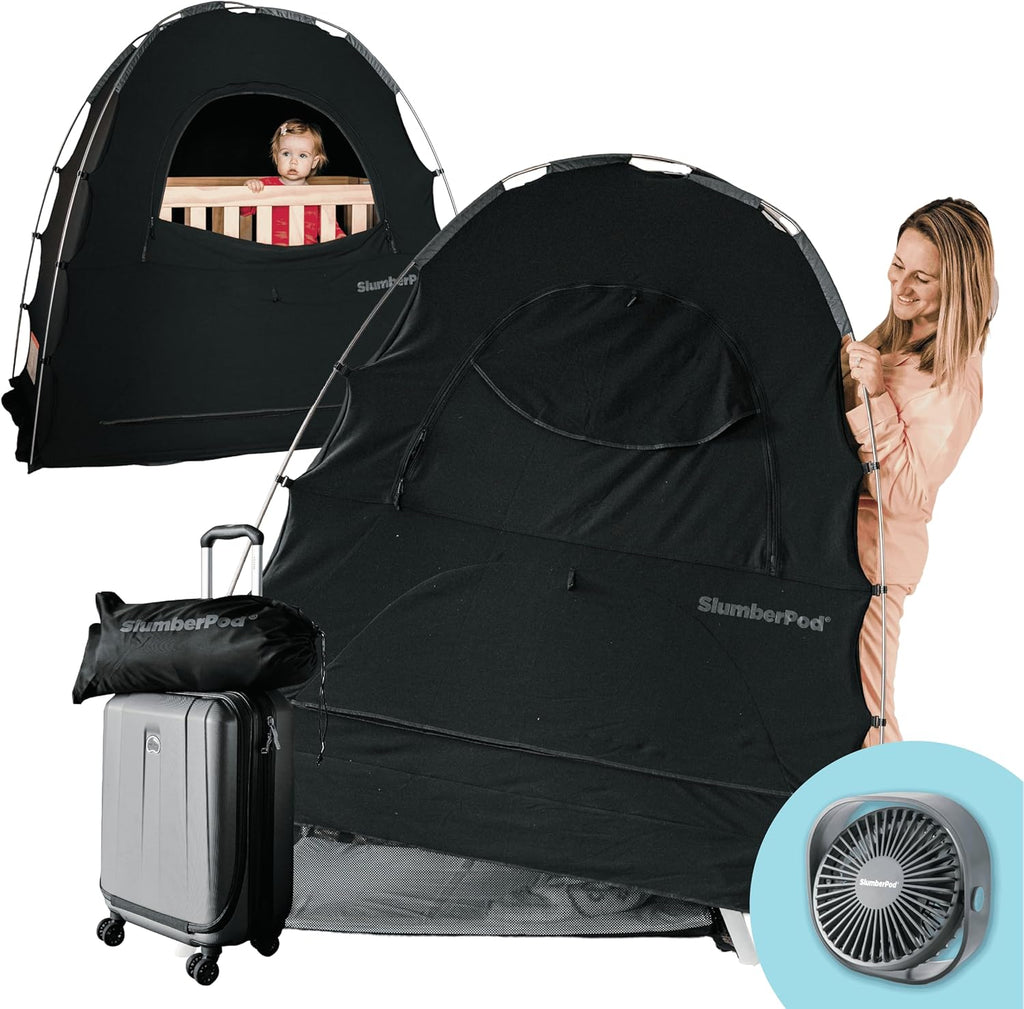 SlumberPod with Fan The Original Blackout Sleep Tent Travel Essential for Baby and Toddlers, Mini Crib and Pack n Play Cover, Sleep Pod with Monitor Pouch and Fan Pouch, Blocks 95%+ Light, Black