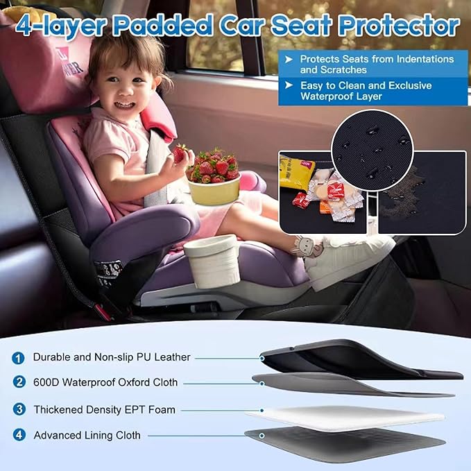 Car Seat Protector for Child, 2 Pack With Mesh Pockets & Non-Slip Backing 600D Durable Under Baby Seat Cover for Back Seat (Dark Brown, Standard)-BubblyBeeBaby