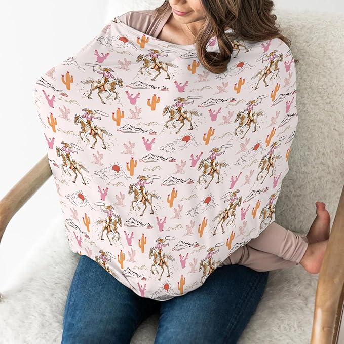 Cute Pink Cowgirl Car Seat Cover for Baby Western Cowgirls Horse Cactus Mountain Sunset Stretchy 5-in-1 Covers Adjustable Infant Carseat Canopy Cover Wild West Desert Breathable Nursing Cover-Up-BubblyBeeBaby