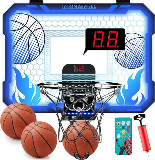 Indoor Basketball Hoop for Kids with Led Lights Mini Basketball Hoop with Remote Control Over The Door Basketball Hoops with Scoreboard Basketball Toys for 4-12 Year Old Boys Girls-BubblyBeeBaby