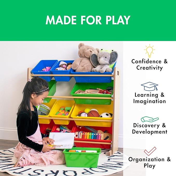 Humble Crew, Natural/Primary Kids' Toy Storage Organizer with 12 Plastic Bins, 34*35*15.5inch-BubblyBeeBaby