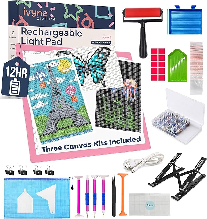 iVyne Rechargeable A4 Light Pad for Diamond Painting & Art Projects – LED Light Board with Diamond Art Accessories – Ultra-Thin & Portable Diamond Dot Light Board, Perfect for Artists - Pink-BubblyBeeBaby