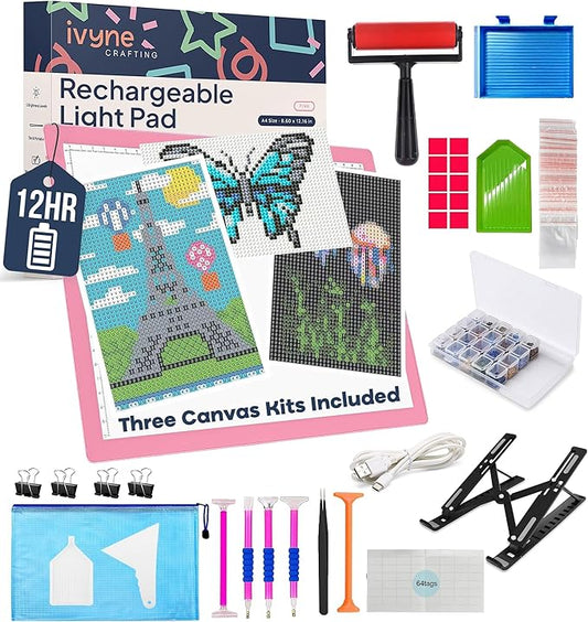 iVyne Rechargeable A4 Light Pad for Diamond Painting & Art Projects – LED Light Board with Diamond Art Accessories – Ultra-Thin & Portable Diamond Dot Light Board, Perfect for Artists - Pink-BubblyBeeBaby