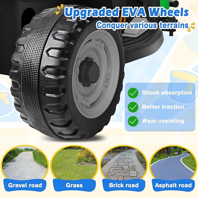 24V Ride On Tractor w/Tiltable & Detachable Trailer, 2x65W Motors, EVA Tires, Remote Control, Bluetooth, Shifter, Music, Electric Car for Kids, Green-BubblyBeeBaby