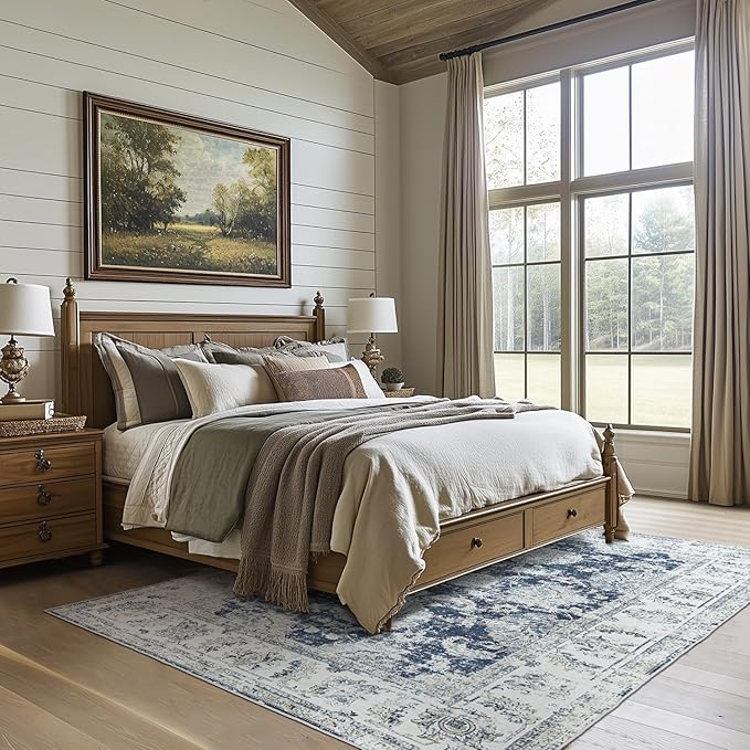 jinchan Vintage Floral 5x7 Area Rugs for Bedroom - Machine Washable Distressed Design Stain Resistant Boho Carpet Ultra-Thin Low Pile Non-Slip Rug for Living Room Dining Room Kitchen (5‘x7',Dark Blue)-BubblyBeeBaby