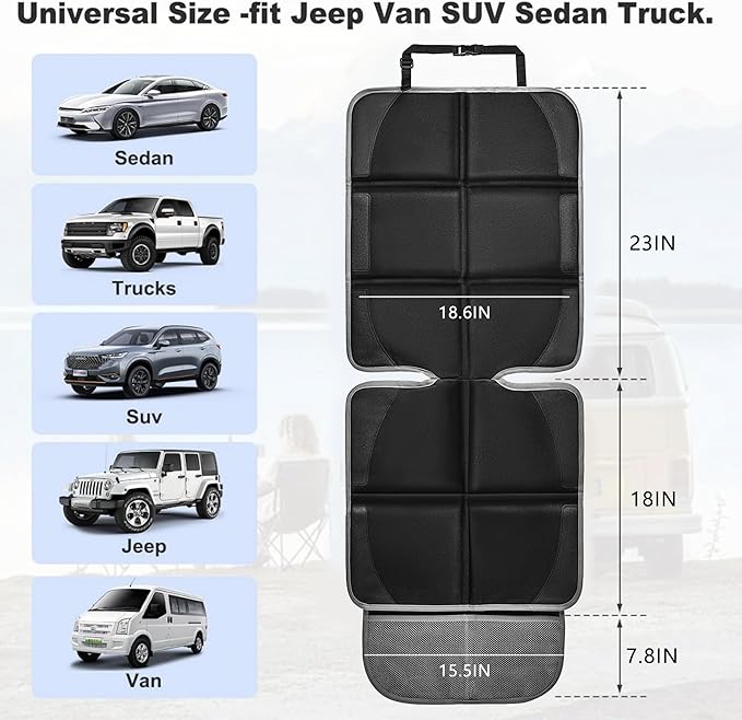 Car Seat Protector 2 Pack Baby Car Seat Covers with Mesh Pockets & Non-Slip Backing 600D Durable Seat Protector Under Baby Car Seat (Black & Gray, Large)-BubblyBeeBaby