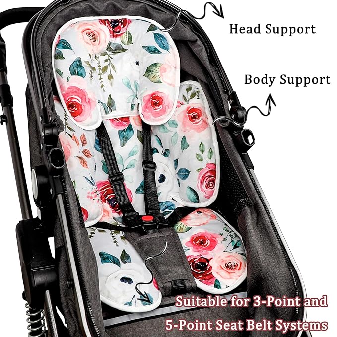 2 in 1 Infant Car Seat Insert, Car Seat Head Support Baby Girls Boys, Soft Newborn Carseat Insert Cushion, Perfect for Carseats, Strollers, Swings (Rose Flower)-BubblyBeeBaby