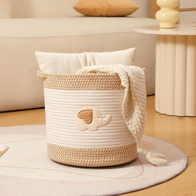 INough Toy Storage Baskets Woven Cotton Rope Storage Basket for Kids, Blanket Baskets for Living Room Toy Basket Box Toys Organizer with Embroidery Decor Cute Baskets for Nursery, Playroom (Elephant)-BubblyBeeBaby
