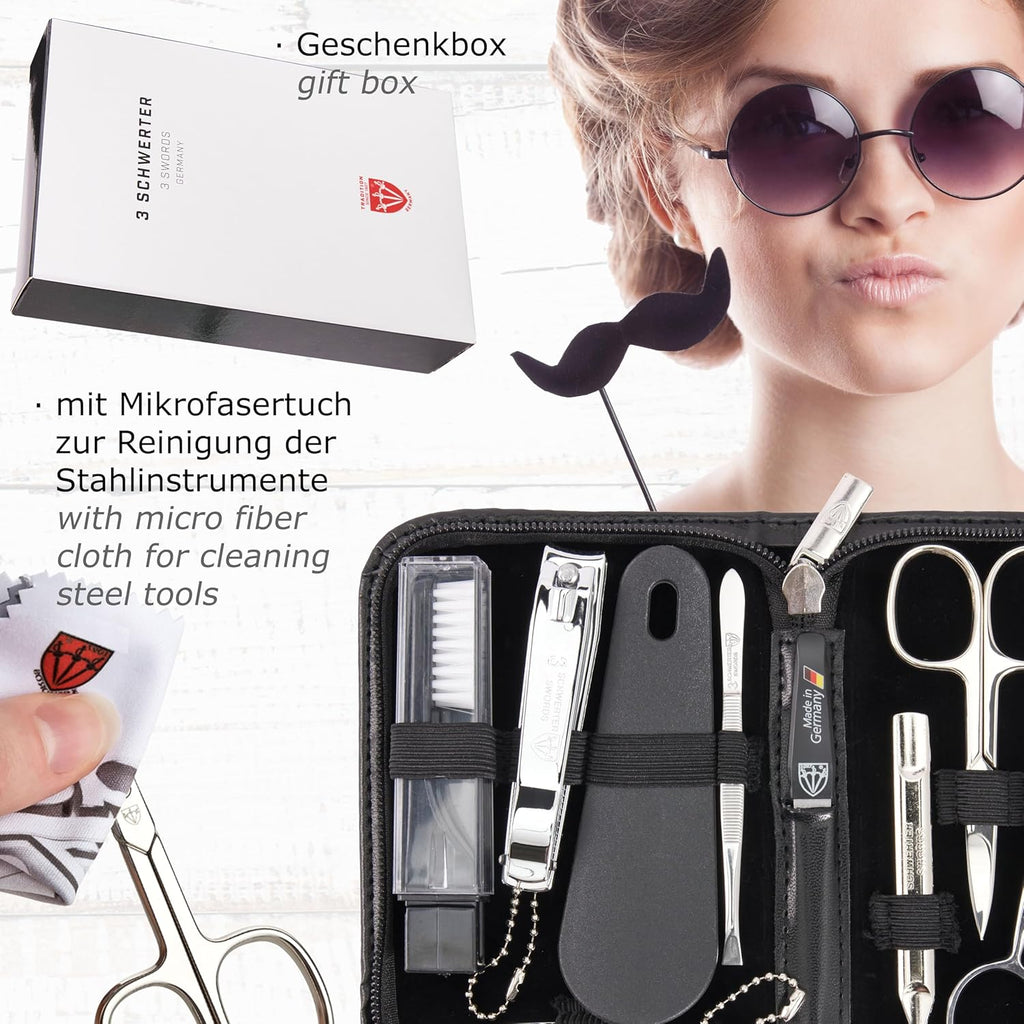 3 Swords Germany - brand quality 10 piece manicure pedicure grooming kit set for professional finger & toe nail care tweezers file clipper fashion leather case in gift box, Made by 3 Swords (02570 )