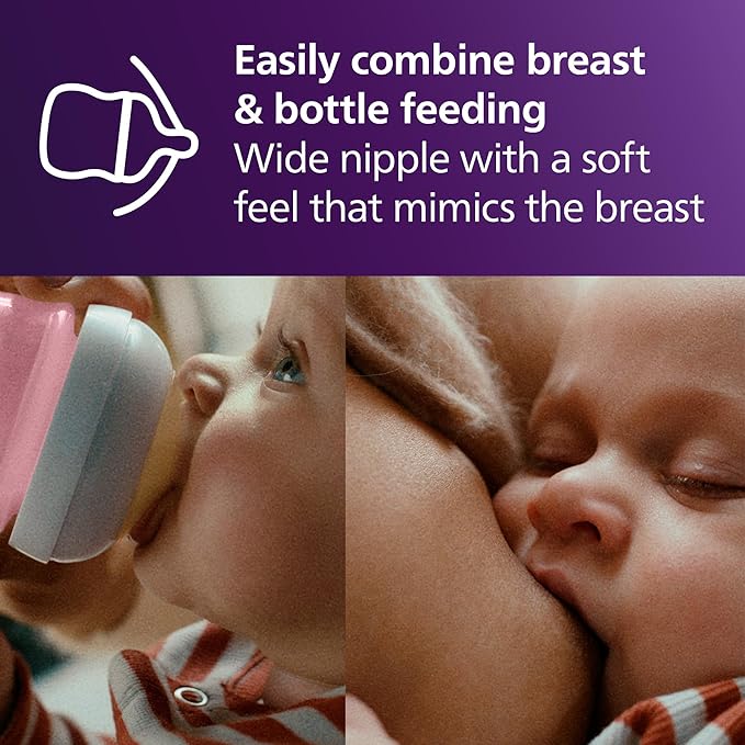 Philips Avent Natural Baby Bottles with Natural Response Nipples (Slow Flow, Flow 2), 4oz, Pink, 4-Pack, SCY900/14-BubblyBeeBaby