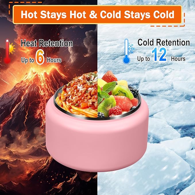 13.5oz Kids Thermos for Hot Food, Insulated Vacuum Food Jar with Buckle Lid, Stainless Steel Wide Mouth Leak Proof Insulated Lunch Container for School Picnic Travel,Pink-BubblyBeeBaby