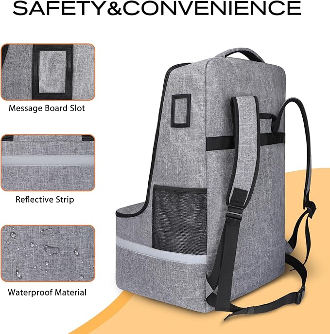 Car Seat Travel Bag for Airplane,Infant Seat Travel Bag with Shoulder Strap,Padded Car Seats Backpack with Reflective Stripes,Large Carseat Carrier Bag Travel Car Seat Cover,Grey-BubblyBeeBaby