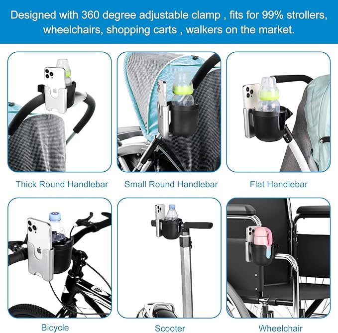Accmor Stroller Cup Holder with Phone Holder, Bike Cup Holder, Universal Cup Holder for Uppababy Nuna Doona Strollers, 2-in-1 Cup Phone Holder for Stroller, Bike, Wheelchair, Walker, Scooter-BubblyBeeBaby