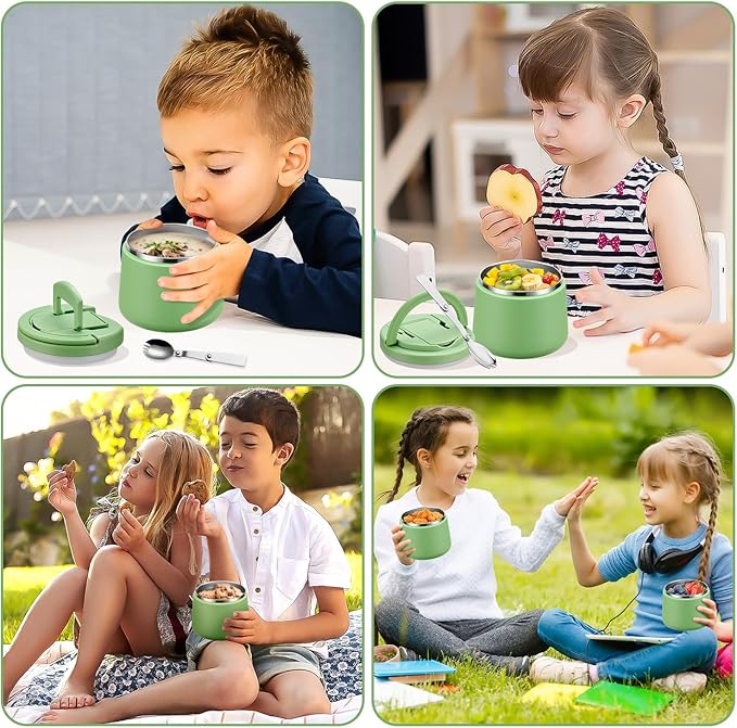 14oz Insulated Vacuum Food Jar with Buckle Lid,Soup Thermo for Hot Food Kids,Wide Mouth Leakproof Stainless Steel Lunch Container with Spoon-Green-BubblyBeeBaby
