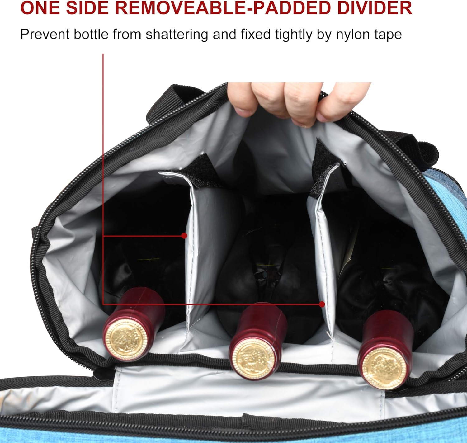 Tirrinia Insulated Wine Gift carrier - 3 Bottle Travel Padded Wine Carry Cooler Tote Bag with Handle and Adjustable Shoulder Strap, Blue