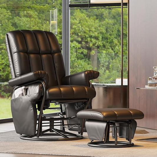 JIASTING 360° Swivel Recliner Chair with Ottoman & Double Side Pockets, Nursing Glider Rocking Recliner Chair, Gliding Chair for Nursery, Living Room, Office, Bedroom, Metal Frame (Black 1)-BubblyBeeBaby