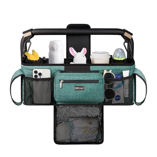 TOPDesign Universal Baby Stroller Organizer, Double Stroller Caddy with Detachable Mesh Bag & Heightened Insulated Cup Holders & Non-Slip Secure Hooks Accessories, Fits Most Strollers (Green)-BubblyBeeBaby