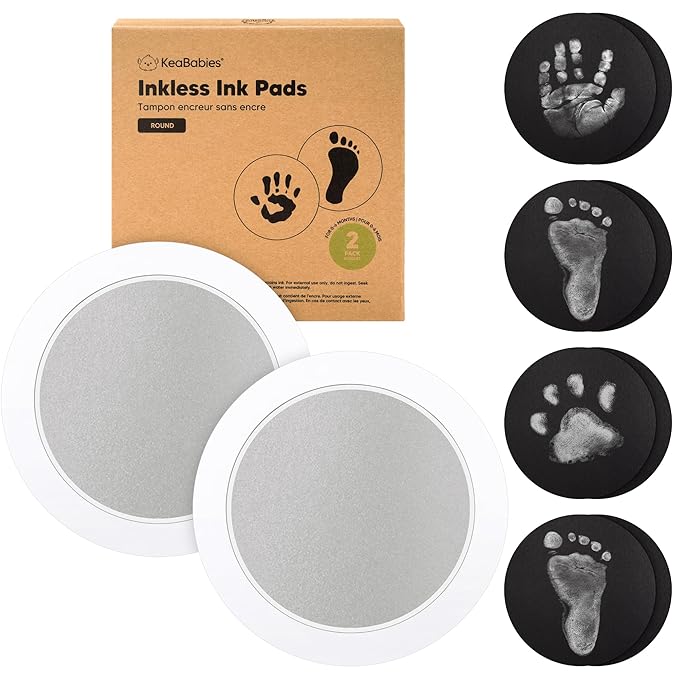 2-Pack Round Inkless Baby Hand and Footprint Kit - Mess Free Ink Pad for Newborn Keepsake, Dog Nose & Paw Print Kit, Clean Touch Ink Pad for Baby Hand & Footprints, Ideal New Mom Gifts (Silver)-BubblyBeeBaby