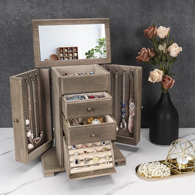 Jewelry Box for Women, Rustic Wooden Jewelry Boxes & Organizers with Mirror, 4 Layer Jewelry Organizer Box Display for Rings Earrings Necklaces Bracelets (Weathered Gray)-BubblyBeeBaby