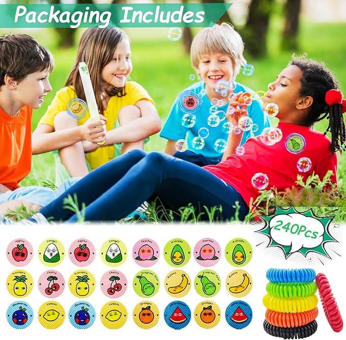 240Pcs Mosquito Patches Stickers, Individually Wrapped Natural Plant Based Mosquito Stickers with 6 Pack Mosquito Repellent Bracelets for Kids Adult Outdoor Hiking, Camping, Travel-BubblyBeeBaby