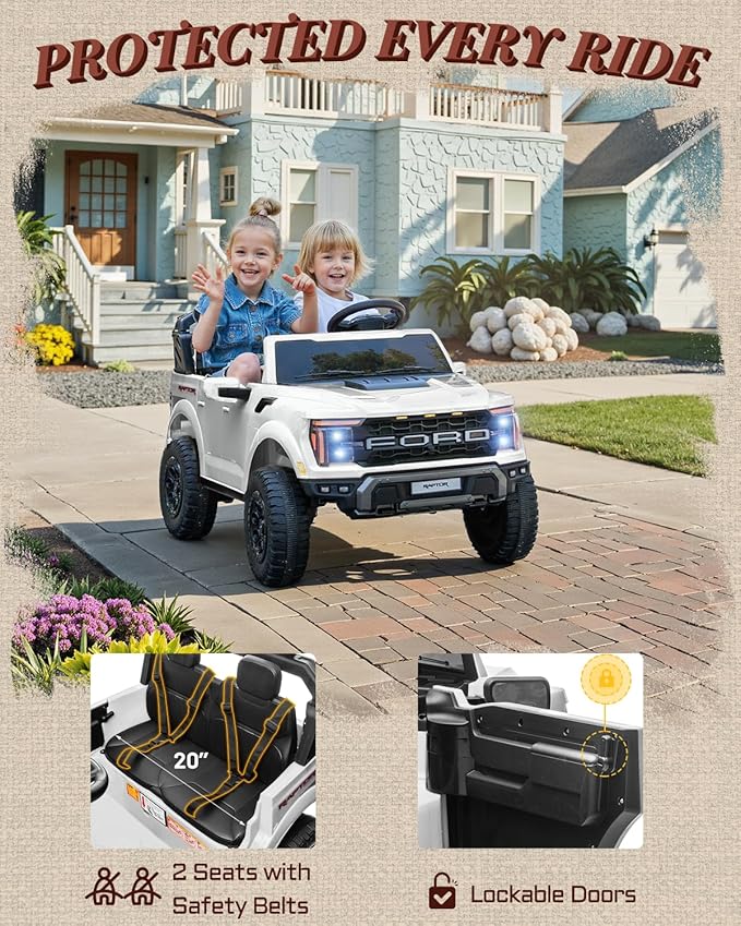 24V Kids Ride On Truck, Licensed Ford F-150 Raptor 2 Seater Electric Car w/Remote Control, Toddler Ride On Car Toys w/LED Lights, Bluetooth, Music, Truck Bed Storage, Soft Start (White)-BubblyBeeBaby
