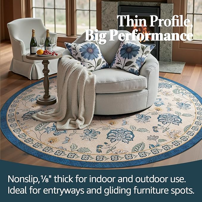 jinchan 6ft Floral Round Rug for Dining Room Washable Living Room Rug Vintage Romance Design Non Slip Indoor Floor Cover Lightweight Low-Profile Throw Carpet for Bedroom Porch Patio, Blue/Beige-BubblyBeeBaby