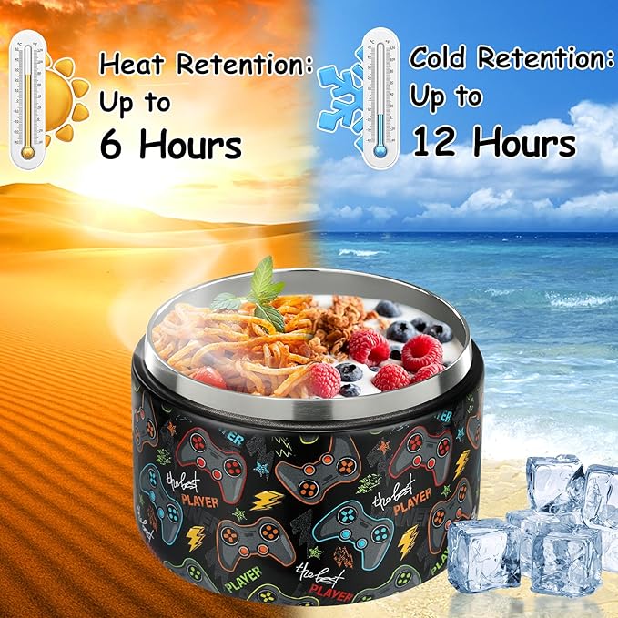 12oz Insulated Vacuum Food Jar with Buckle Lid Wide Mouth Soup Thermo for Hot Food Kids Leakproof Stainless Steel Lunch Container (Black-Game)-BubblyBeeBaby