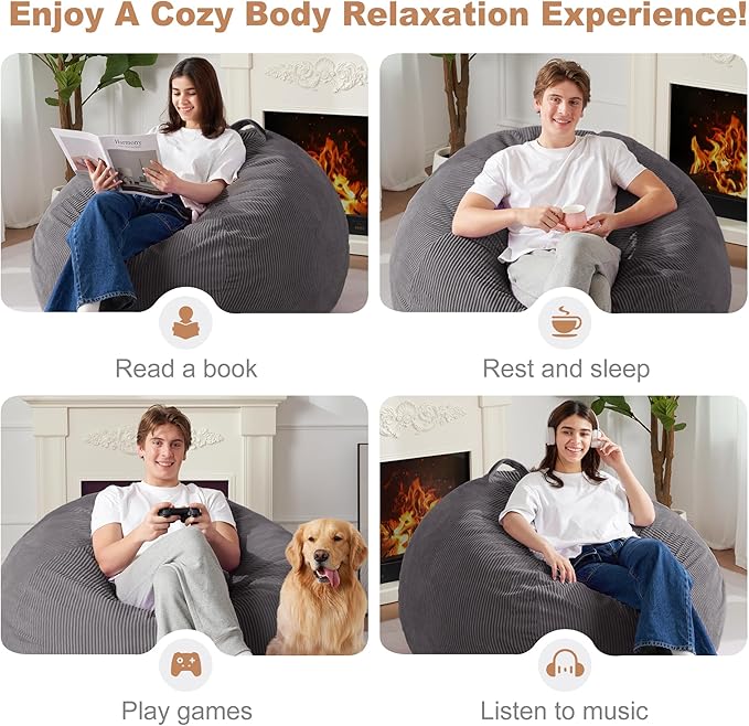 Homguava 3.5FT Bean Bag Chair: Teardrop Bean Bags with Memory Foam Filled, Compact Beanbag Chairs Soft Sofa with Corduroy Cover (Grey)-BubblyBeeBaby