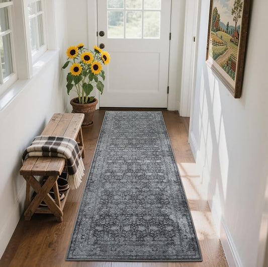 2'6"x8' Washable Runner Rug for Hallway, Non Slip Vintage Floral Long Carpet Runners for Entryway, Kitchen, Bathroom, Bedroom, Low Pile Laundry Rugs with Rubber Backing (Distressed Grey)-BubblyBeeBaby