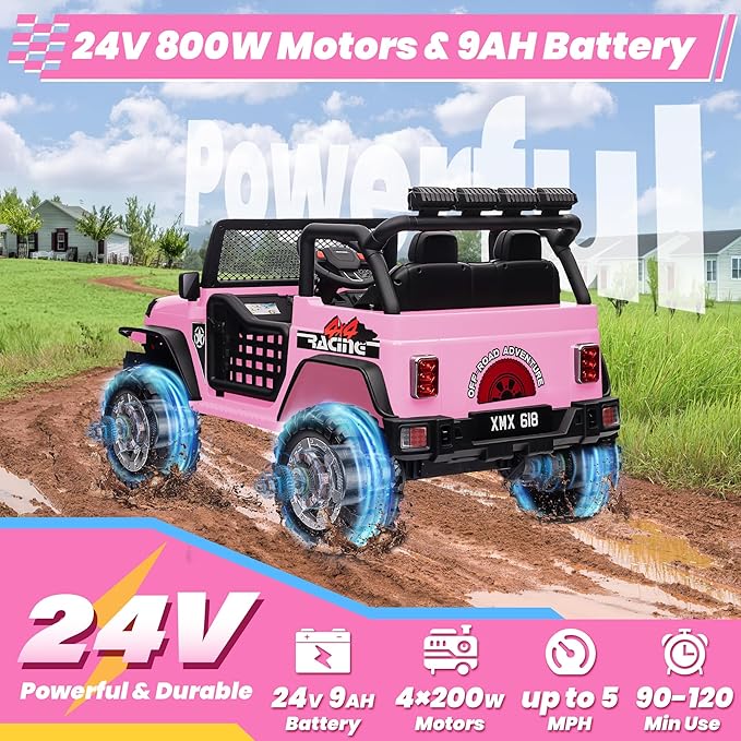 24V 4WD Ride on Truck Car w/800W Motors, Gift Flower, Remote Control, 2 Seaters, Light Bar, 3 Speeds, Pop Music, Power Four Wheels, 25 Volt Ride on Toy Car for Big Kids, Pink-BubblyBeeBaby