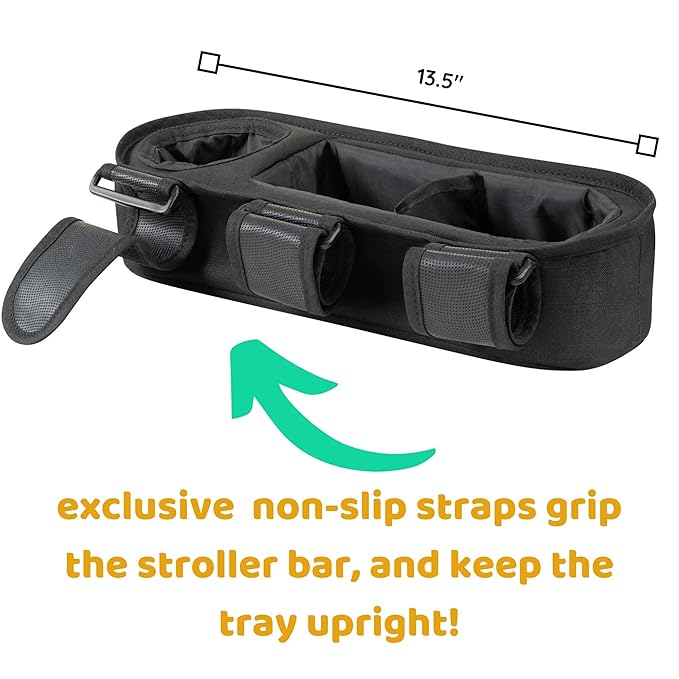 Universal Stroller Tray with Insulated Sippy Cup Holder - Upgraded Rigid Frame Stays Upright - Exclusive Non Slip Straps Firmly Grip Stroller Bar. Universal Stroller Snack Tray Attachment-BubblyBeeBaby