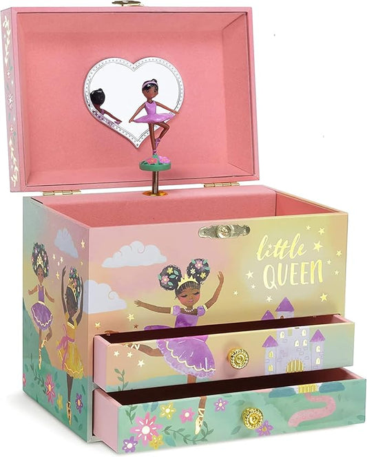 Jewelkeeper Jewelry Box for Girls - 2-Drawer Music Box with Little Queen Ballerina Dancing to Swan Lake, Cute Pink Design, Keepsake Storage for Treasured Accessories - 6.75 x 5.25 x 6 inches-BubblyBeeBaby