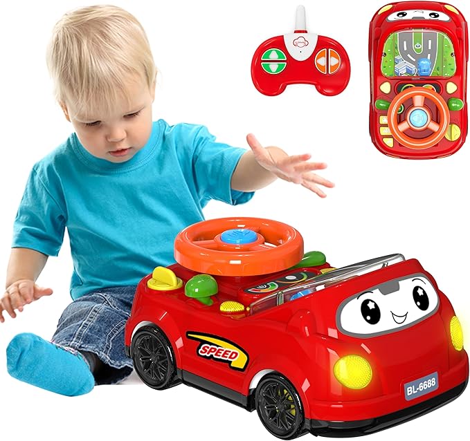2-in-1 Toddler RC Car & Steering Wheel Toy with Music | Interactive Simulation Driving Adventure Toy for 18+ Months Baby Learning | Gift for 1.5+ Years Old Boys Girls-BubblyBeeBaby