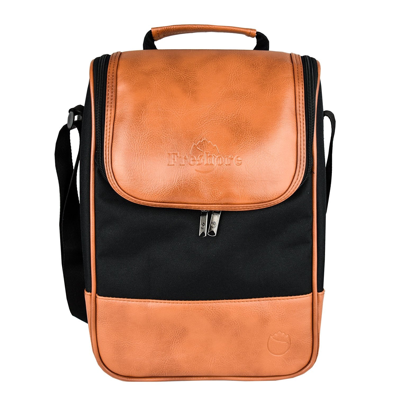 Freshore® Wine Leather Tote Cooler Insulated Bag - Luxury 2 Bottle Carrier Design For Lunch/Travel - Idea Gift For Women/Man (Reserve Place For Corkscrew Opener, Light Brown)