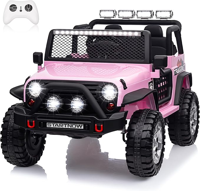 24V 4WD Ride on Truck Car w/800W Motors, Gift Flower, Remote Control, 2 Seaters, Light Bar, 3 Speeds, Pop Music, Power Four Wheels, 25 Volt Ride on Toy Car for Big Kids, Pink-BubblyBeeBaby