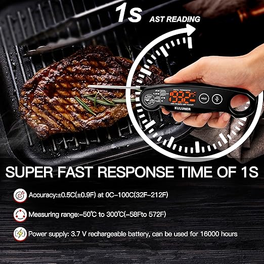 1-Second Rapid and Accurate Meat Thermometer - Waterproof Multifunctional Kitchen Food Thermometer, Ideal for Frying, Smoking, Grilling and More (Black)-BubblyBeeBaby