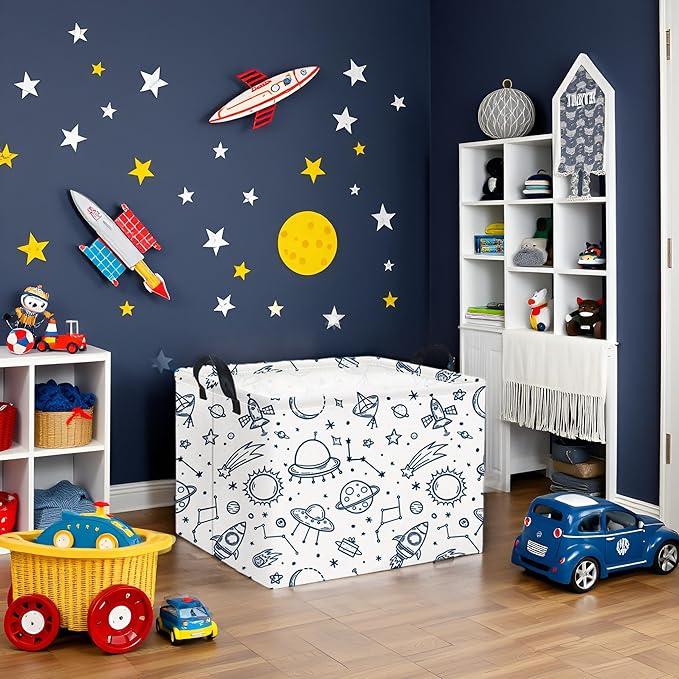 HIYAGON Rectangular Space Basket for Boys Kids Baby Storage Basket Storage Bin Organizer Box Room Decor(Spaceships)-BubblyBeeBaby