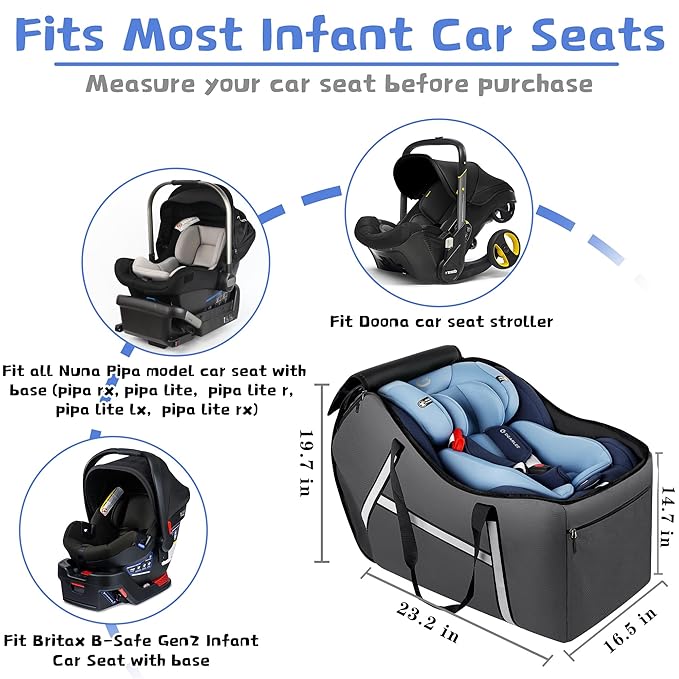 Infant Car Seat Travel Bag for Airplane Compatible with All Nuna Pipa Car Seat and Base,Chicco KeyFit 30 and Base, Padded Car Seat Bags for Air Travel,Car Seat Gate Check Bag with Side Pocket, Gray-BubblyBeeBaby