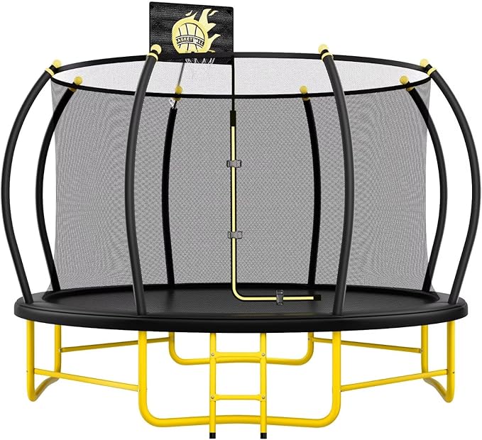 14FT Pumpkin Trampoline with Basketball Hoop, Balance Bar and Enclosure Net, Outdoor Trampoline for Kids and Adults, Capacity 880 lbs-BubblyBeeBaby