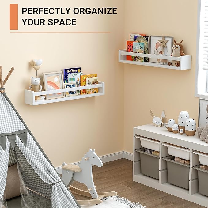 Heimlove Nursery Floating Shelves, White Nursery Book Shelves for Wall, 24 inch Wall Bookshelf for Kids Solid Wood Wall Mounted Shelves for Books,Toys and Decor Storage, Set of 3-BubblyBeeBaby