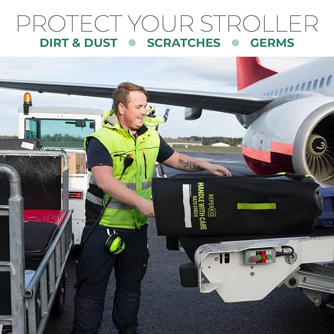 reperkid Umbrella Stroller Bag for Airplane Travel, Black and Green, 47" H x 15" W x 12" D, Fits Most Single and Double Umbrella Strollers – Premium Waterproof Cover, Adjustable Shoulder Strap-BubblyBeeBaby