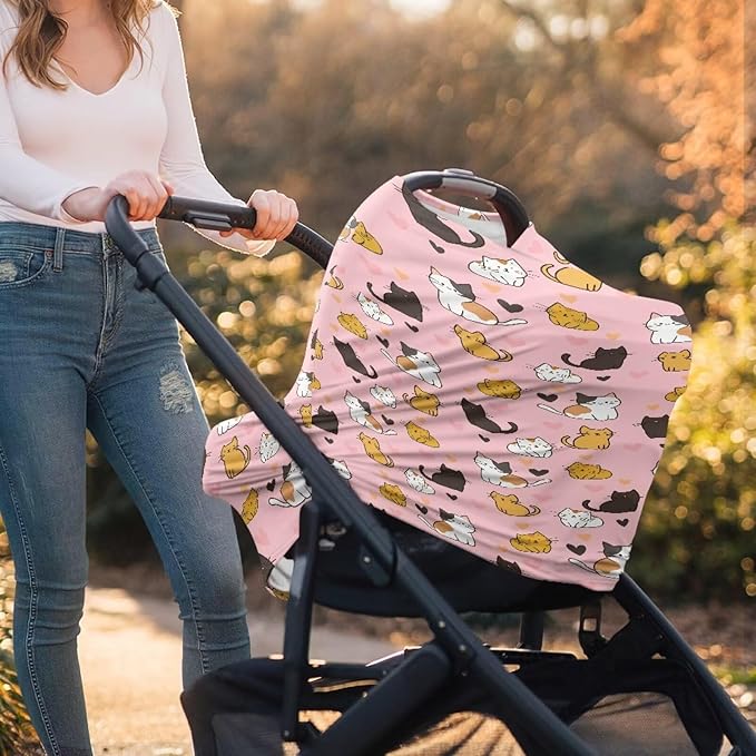 Binienty Baby Car Seat Covers - Cartoon Kitten Infant Carseat Canopy Multi-use Stretch Nursing Cover for Breastfeeding-BubblyBeeBaby