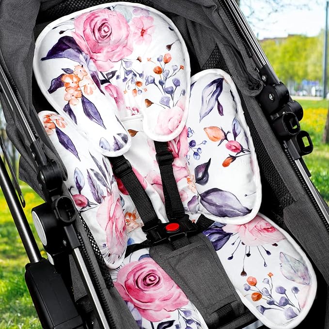 Pea Pod Baby Car Seat Head Support for Newborn, 2 in 1 Infant Car Seat Head Body Support for Girls Extra Soft Breathable Baby Car Seat Cushion Insert for Strollers, Swings, and Bouncers, Pink Floral-BubblyBeeBaby