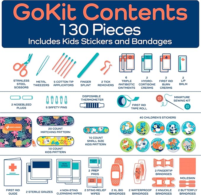 KeepGoing Travel First Aid Kit for Kids – 130 Pc. for Car, Home, Purse, Diaper Bag & Backpack with Latex-Free Bandages - Mini First Aid Kit Travel Size TSA-Approved-BubblyBeeBaby