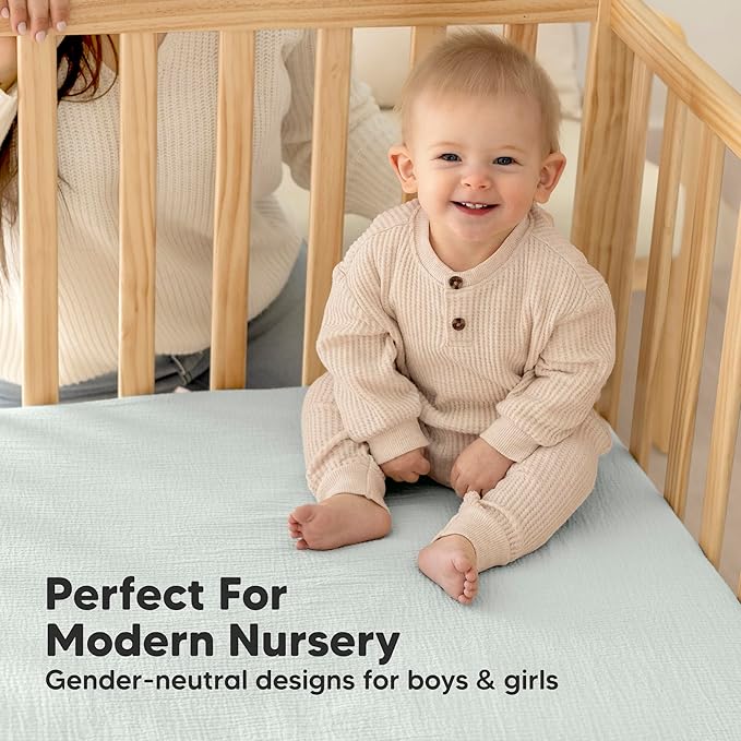 KeaBabies 2-Pack Muslin Crib Sheets for Boys, Girls - 100% Organic Cotton Fitted Baby Crib Mattress Sheet, Soft Breathable Standard Toddler Bed Cover Bedding Set, Neutral, Durable 52x28 (Willow)-BubblyBeeBaby
