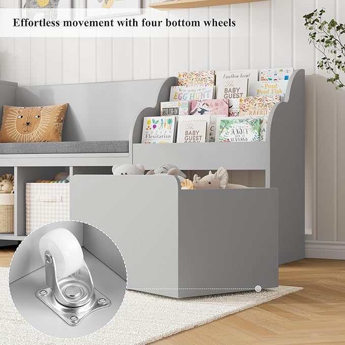 HOSTACK 67" Kids Reading Nook with Bench, Kids Bookshelf and Bookcase with Seat Cushion and 6 Storage Cubbies, Toy Storage Box on Wheels, Toy Chest for Playroom, Bedroom, School, Grey-BubblyBeeBaby