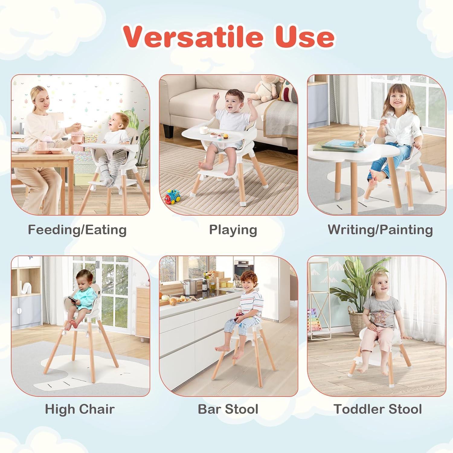 HONEY JOY Baby High Chair, 6 in 1 Convertible Wooden Highchair for Babies and Toddlers/Chair/Bar Stool, Removable Double Tray & Reversible Footrest, Safety Harness for Infant Boys Girls (Beige)