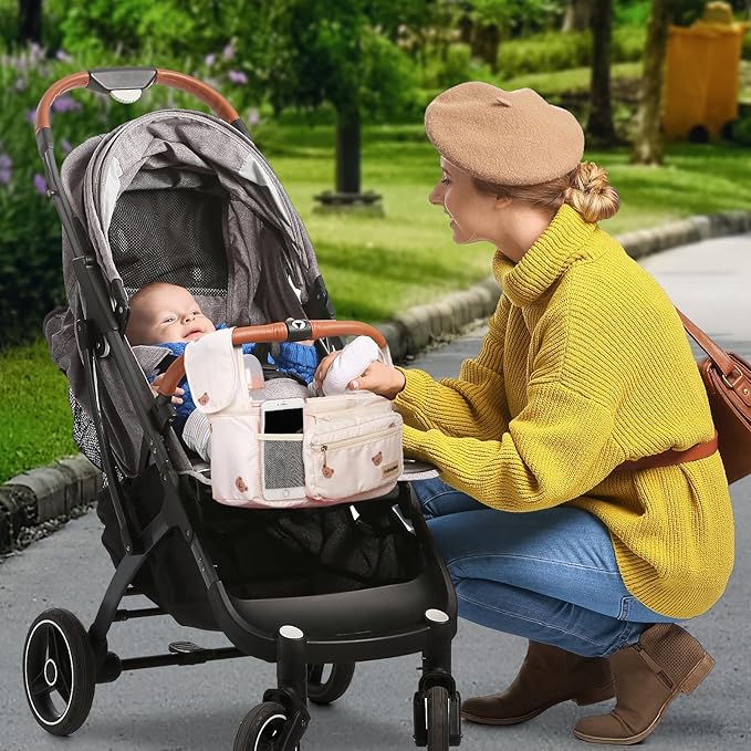 Universal Stroller Organizer with Cup Holders, Detachable Wristlet | Fits All Strollers | Stroller Diaper Bag Organizer with Phone Pocket, Insulated Bottle Holder & Storage Compartments-BubblyBeeBaby
