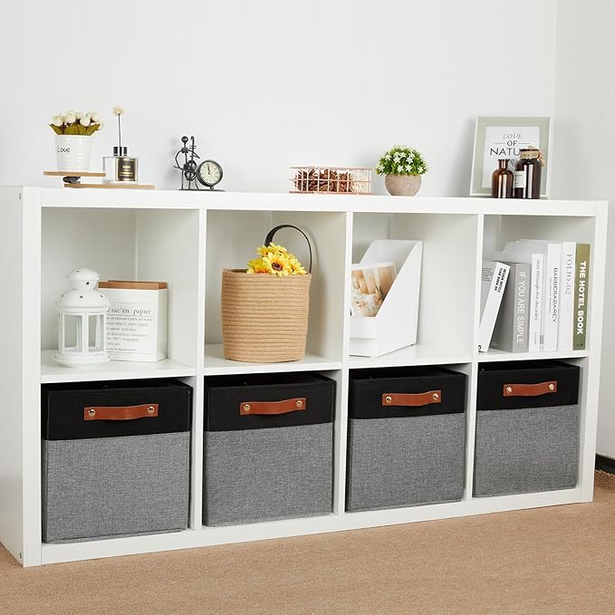 HNZIGE Cube Storage Baskets,Fabric Storage Cubes 12 x 12, Set of 4,Decorative Storage Baskets for Organizing with Handles,Closet Bins for Shelf Organizer Home Toy Nursery Closet(Black Gray)-BubblyBeeBaby