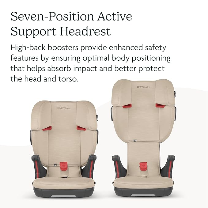 UPPAbaby Alta V2 High Back Booster Seat/Seven-Position, Active Support Headrest for Growing Children/SecureFit Integrated Belt Guide + Positioner/Cup Holder Included/Kavneer (Almond Mélange)-BubblyBeeBaby